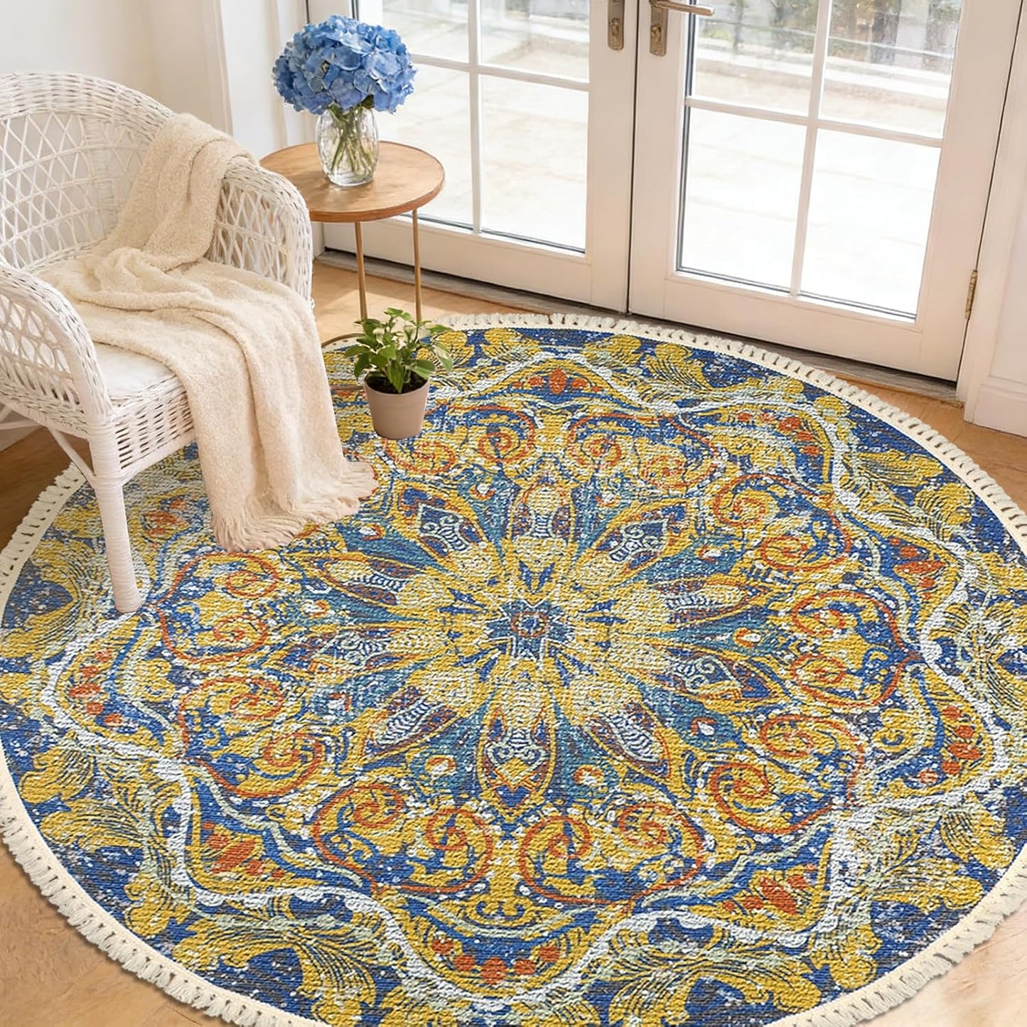 Boho Rug 5Ft Round Bedroom Carpet Circle Nonslip Farmhouse Area Rug Rustic Mandala Floor Mat for Living Room Locker Room Tassel Yoga Throw Rugs Washable Doormat, Purple