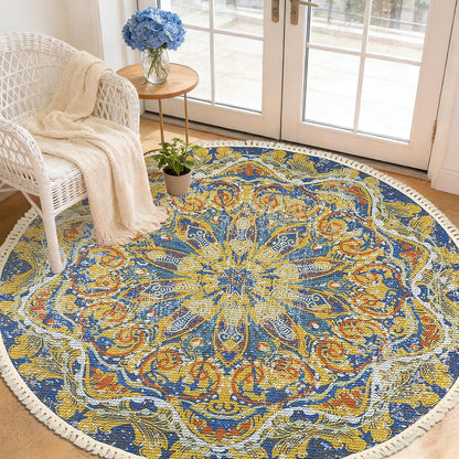 Boho Rug 5Ft Round Bedroom Carpet Circle Nonslip Farmhouse Area Rug Rustic Mandala Floor Mat for Living Room Locker Room Tassel Yoga Throw Rugs Washable Doormat, Purple
