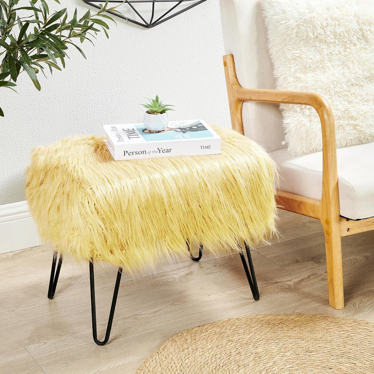 Home Soft Things Green Mongolian Faux Fur Ottoman, Desert Sage, 19'' x 13'' x 17'', Cozy Plush Fluffy Ottoman Foot Rest Stool for Living Room Bedroom Entryway Makeup Bench End of Bed Home Décor