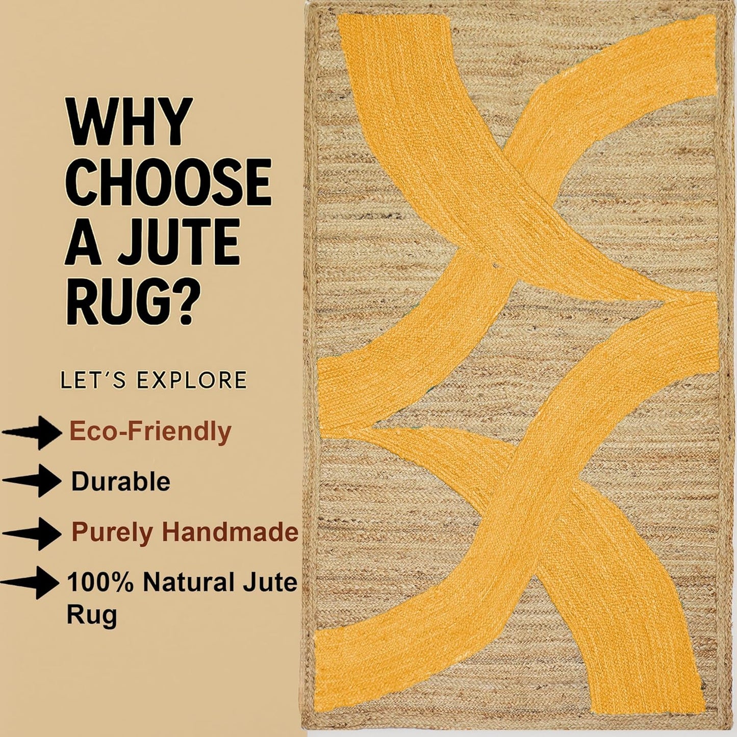 Premium Quality Jute Rug 4x6 Feet Area Rug Natural Fiber Jute Rugs Thick 0.27" Black Abstract Pattern Geometric Rugs for Kids Room, Living Room, Yoga Mat, Indoor Outdoor Carpet - Colors B