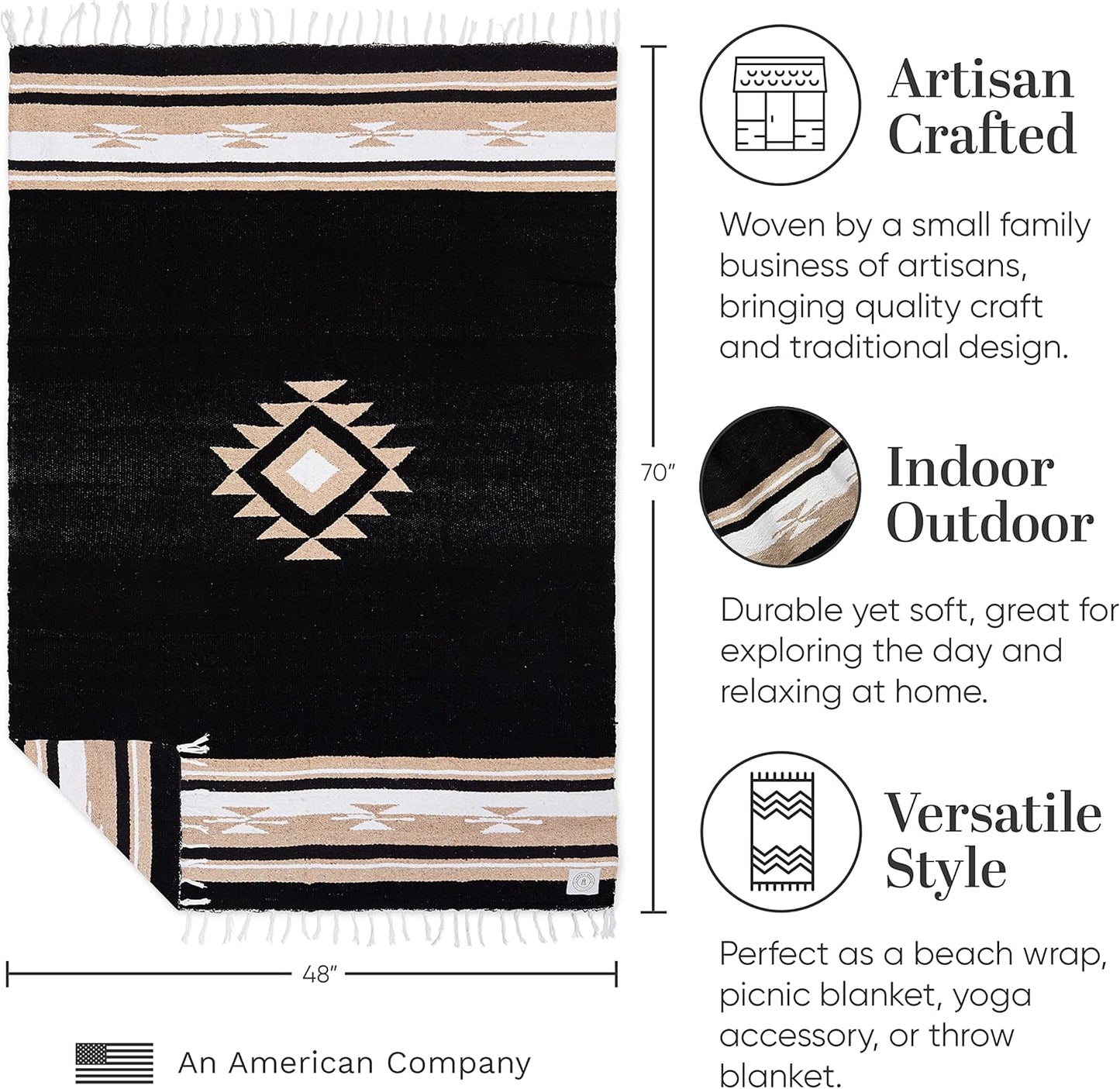Mexican Blanket by Laguna Beach Textile Co - Beach, Yoga, Camping, or Decorative Throw Blanket - Traditional Handmade Serape (Ivory)