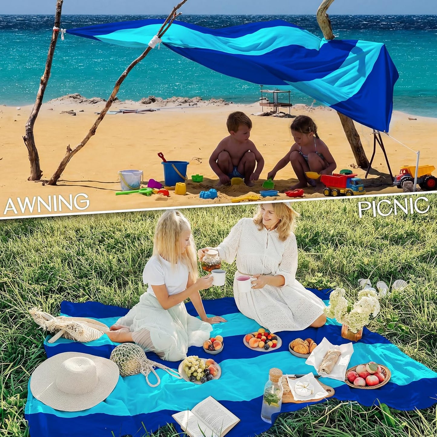 BYDOLL Beach Blanket Waterproof Sandproof Large Sand Free,78''X81''/10'X9' Oversized Sandless Lightweight Blanket Picnic Mat for Beach Travel Camping Hiking with Stakes