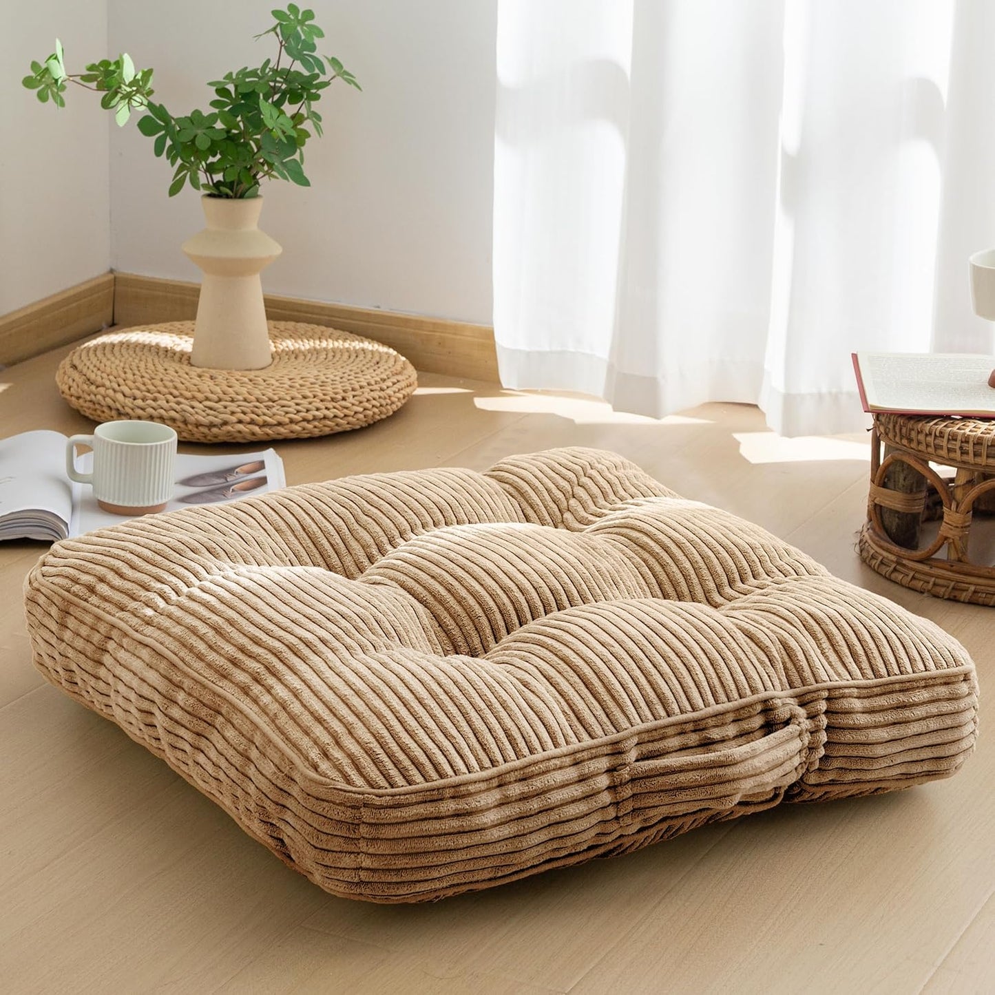 HIGOGOGO Floor Pillow Cushion for Adults, Meditation Cushion Pillow, Large Square Floor Sitting, Tufted Corduroy Cover, for Tatami Living Room or Yoga, 22x22 Inch, Dark Grey
