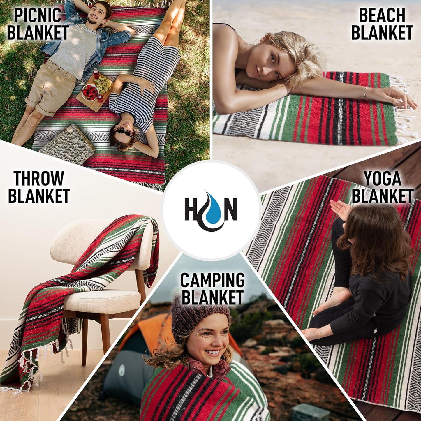 Hydration Nation Authentic Large Handwoven Mexican Blanket - Soft Yoga - Durable Serape - Lightweight Falsa, Beach, Camping, Picnic, Outdoor 70"x50" - Mandarin