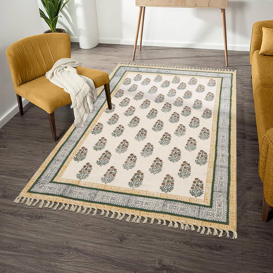 Area Rug 3x5 Kilim Rug Hand Surface Wash Yellow Beige Floral Design Hand Block Printed Cotton Dhurrie 0.19" Thick Handmade Boho Indoor Outdoor Use Flatweave Rugs for Kitchen,Enterway,Yoga - Colors A