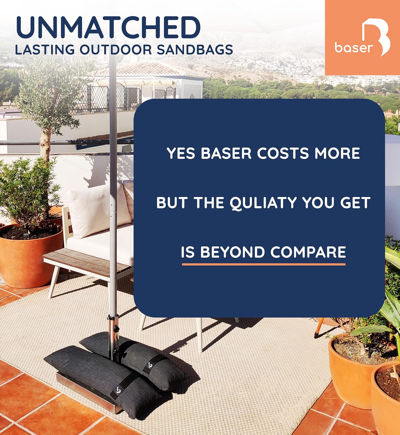 Baser Original Sandbags Fillable Weight Bags for Patio Umbrella Bases, Weather Resistant Recycled Polyester for Outdoor Furniture Windproof Stability