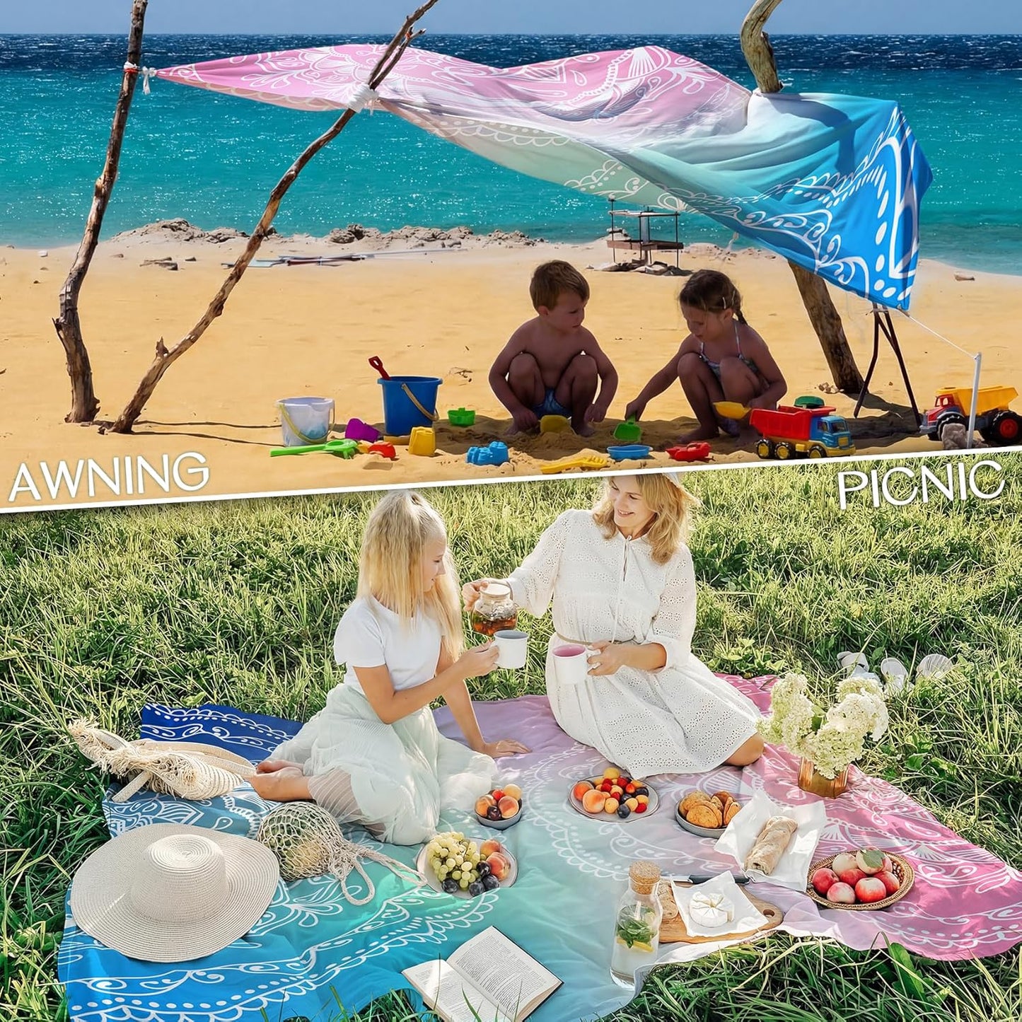 BYDOLL Beach Blanket Waterproof Sandproof Large Sand Free,78''X81''/10'X9' Oversized Sandless Lightweight Blanket Picnic Mat for Beach Travel Camping Hiking with Stakes