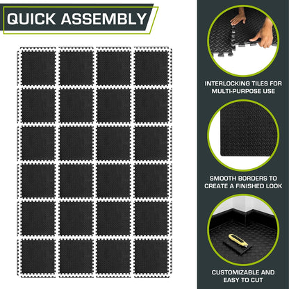 ProsourceFit Exercise Puzzle Mat ½-inch, EVA Interlocking Foam Floor Tiles for Home Gym, Workout Equipment, Kids Play Areas, Black, 24 SQ FT - 6 Tiles