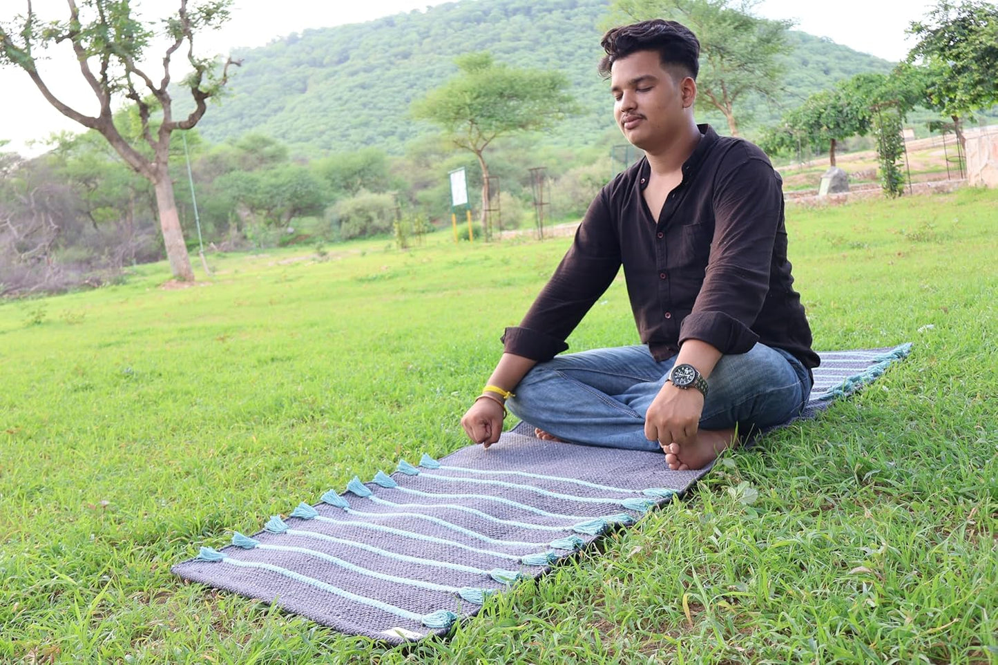 Cotton Organic Yoga Mat - Eco-Friendly Hand-Woven Rug - Handloom Foldable Yoga Mat for Everyday Fitness Maditation Rug - (24”x72”)