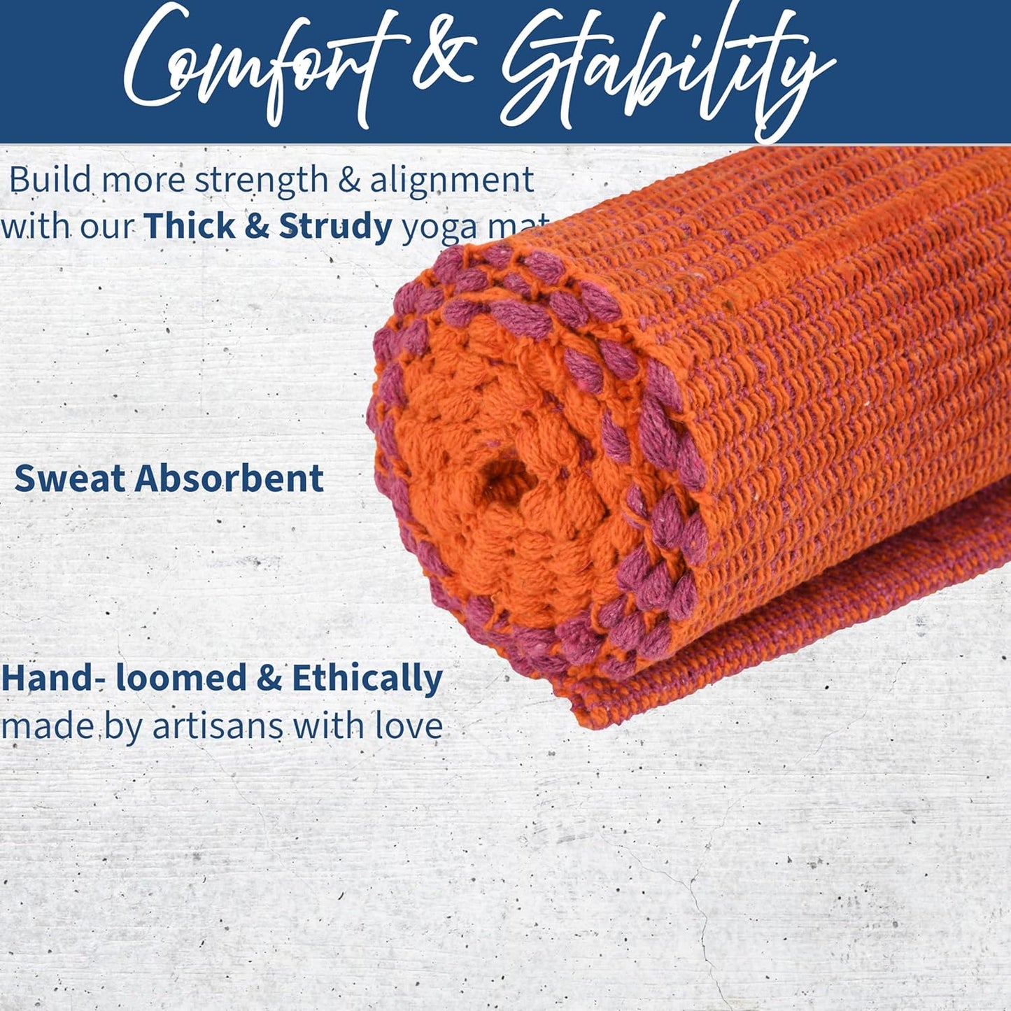 100% Organic Anti-Skid Cotton Yoga or Meditation Mat: Hand-Woven, and Extra-Long(28'’ x 74'’) for Ultimate Comfort and Stability with Cotton Carry bag