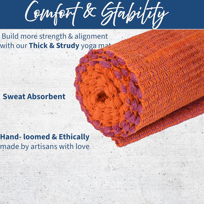 100% Organic Anti-Skid Cotton Yoga or Meditation Mat: Hand-Woven, and Extra-Long(28'’ x 74'’) for Ultimate Comfort and Stability with Cotton Carry bag