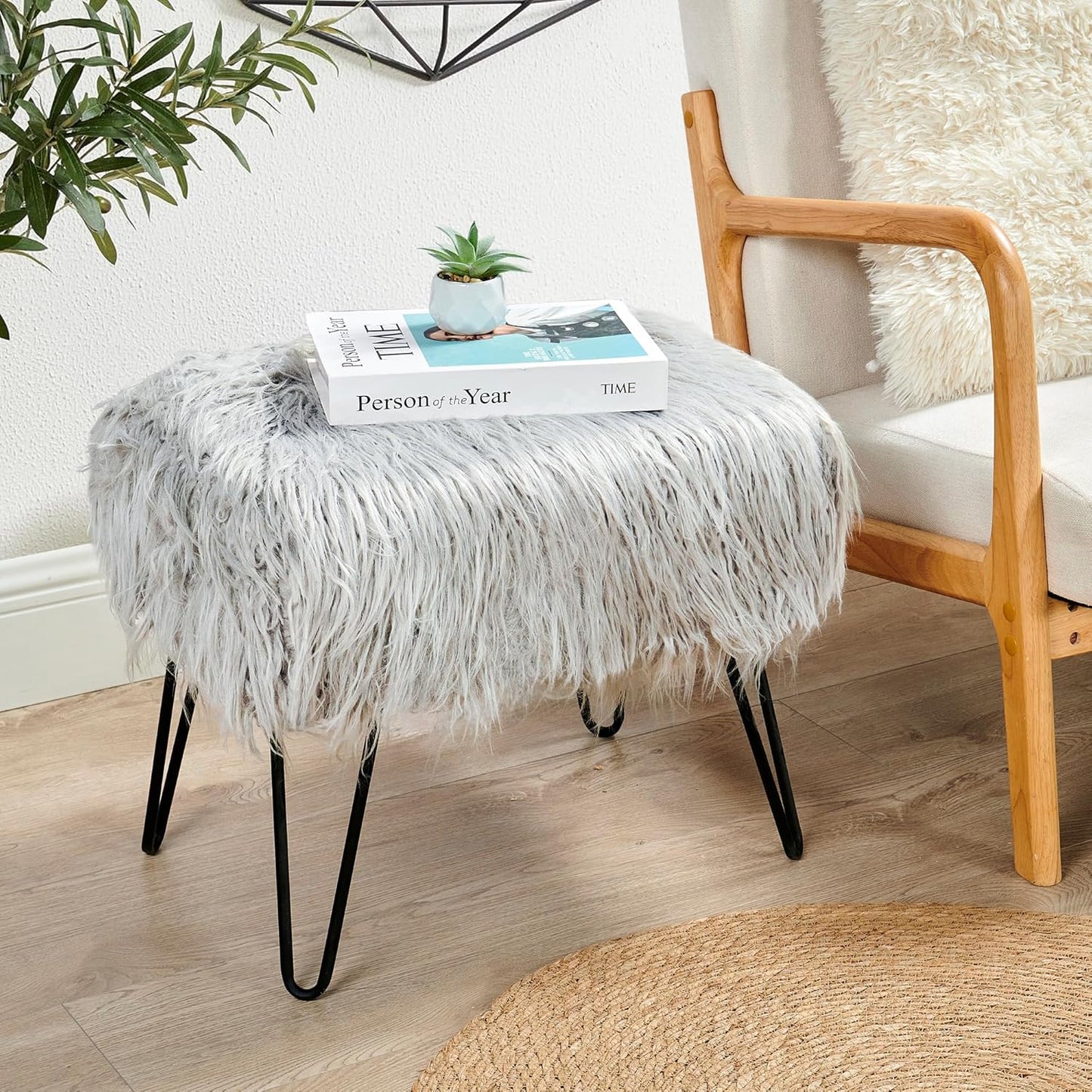 Home Soft Things Green Mongolian Faux Fur Ottoman, Desert Sage, 19'' x 13'' x 17'', Cozy Plush Fluffy Ottoman Foot Rest Stool for Living Room Bedroom Entryway Makeup Bench End of Bed Home Décor