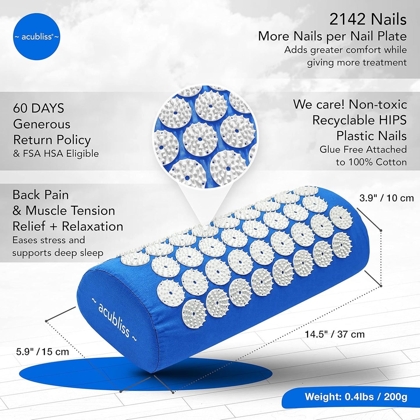 Premium Acupressure Mat, Strap & Pillow 3 piece Gift Set, 12,348 Acupuncture Pressure Points for Back Pain Relief, Increased Energy, Relaxation, Drawstring Bag, Deep Blue