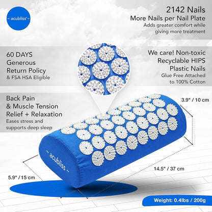 Premium Acupressure Mat, Strap & Pillow 3 piece Gift Set, 12,348 Acupuncture Pressure Points for Back Pain Relief, Increased Energy, Relaxation, Drawstring Bag, Deep Blue