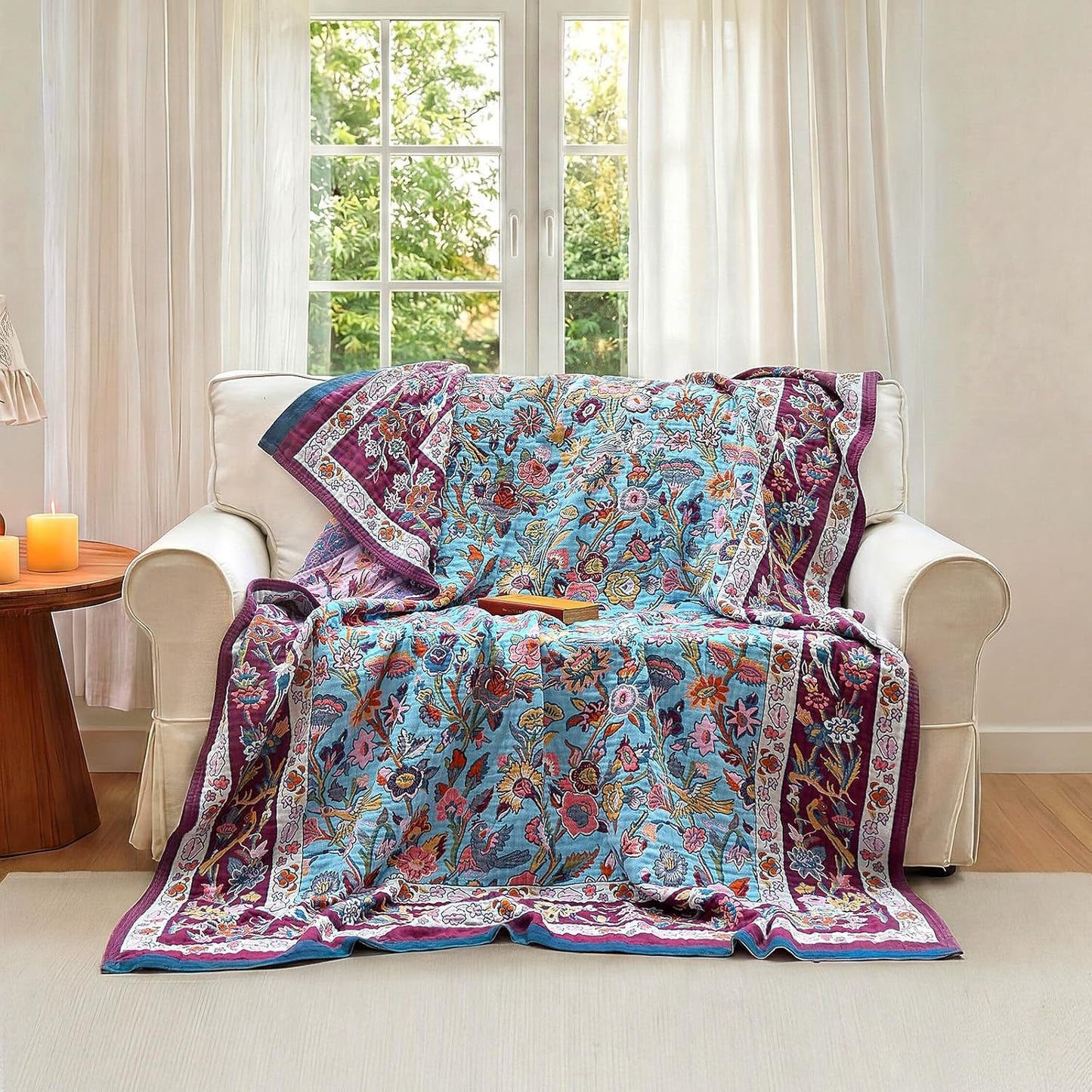 Boho Throw Blanket - 100% Cotton Soft Summer Throw Blanket for Bed, 50"x60" Reversible Breathable Lightweight Blankets, All Seasons Farmhouse Decor Floral Plant Butterfly Throw Quilt