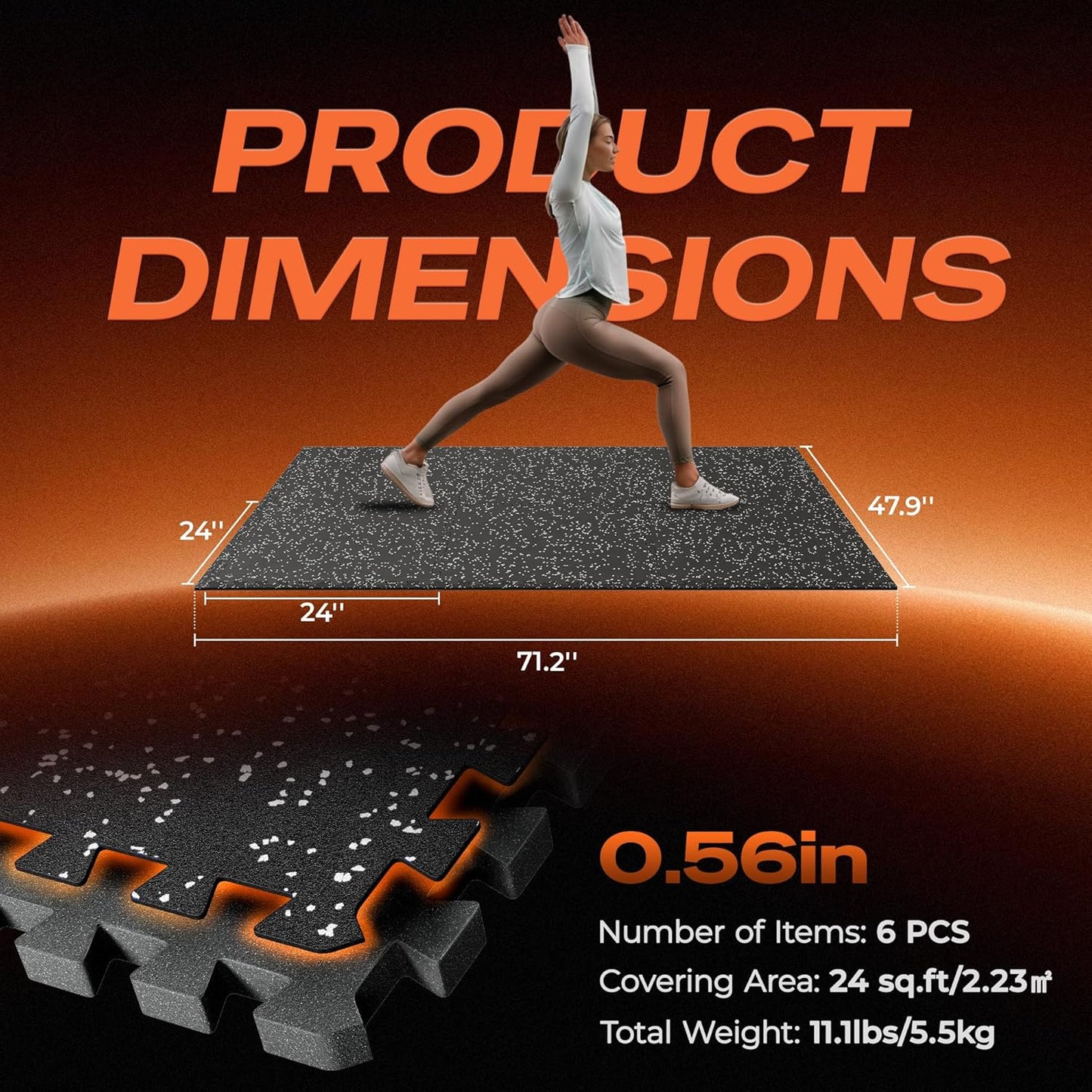 SUPERJARE 0.56'' Thick 12 Pcs 48 Sq Ft Rubber Top Exercise Equipment Mats, High Density EVA Foam Mats with Rubber Top, Interlocking Gym Flooring for Home Gym, Protective Workout Mat, Black/Grey