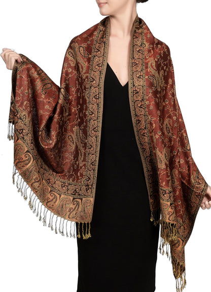 Achillea Reversible Paisley Pashmina Rave Scarf – Exotic Indian Shawls and Wraps for Evening Dresses, Festivals, All Seasons - Colors A
