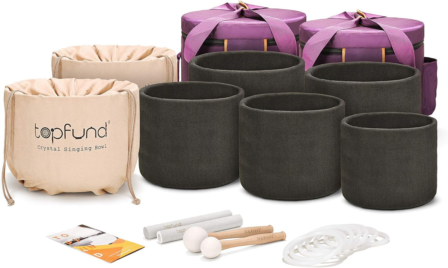TOPFUND 6-12 inch 432Hz Chakra Set of 7 Crystal Singing Bowls with Heavy Duty Carrying Case and Singing Bowl Mallets