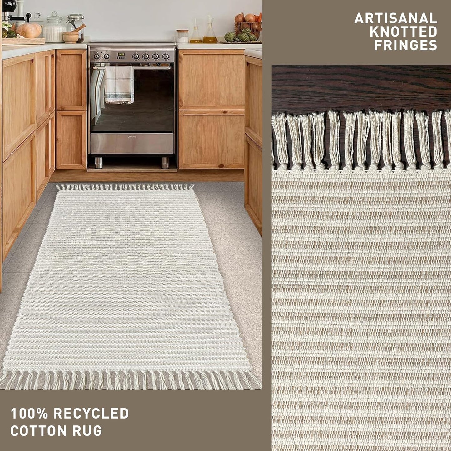 Chardin home Beige & Ivory Providence Runner 2.5x8 feet |Hand Woven Farmhouse Rug with Hand Knotted Fringes|Great in Kitchens entryways Hallways Bathrooms Meditation Yoga Mat|Reversible Cotton Rug