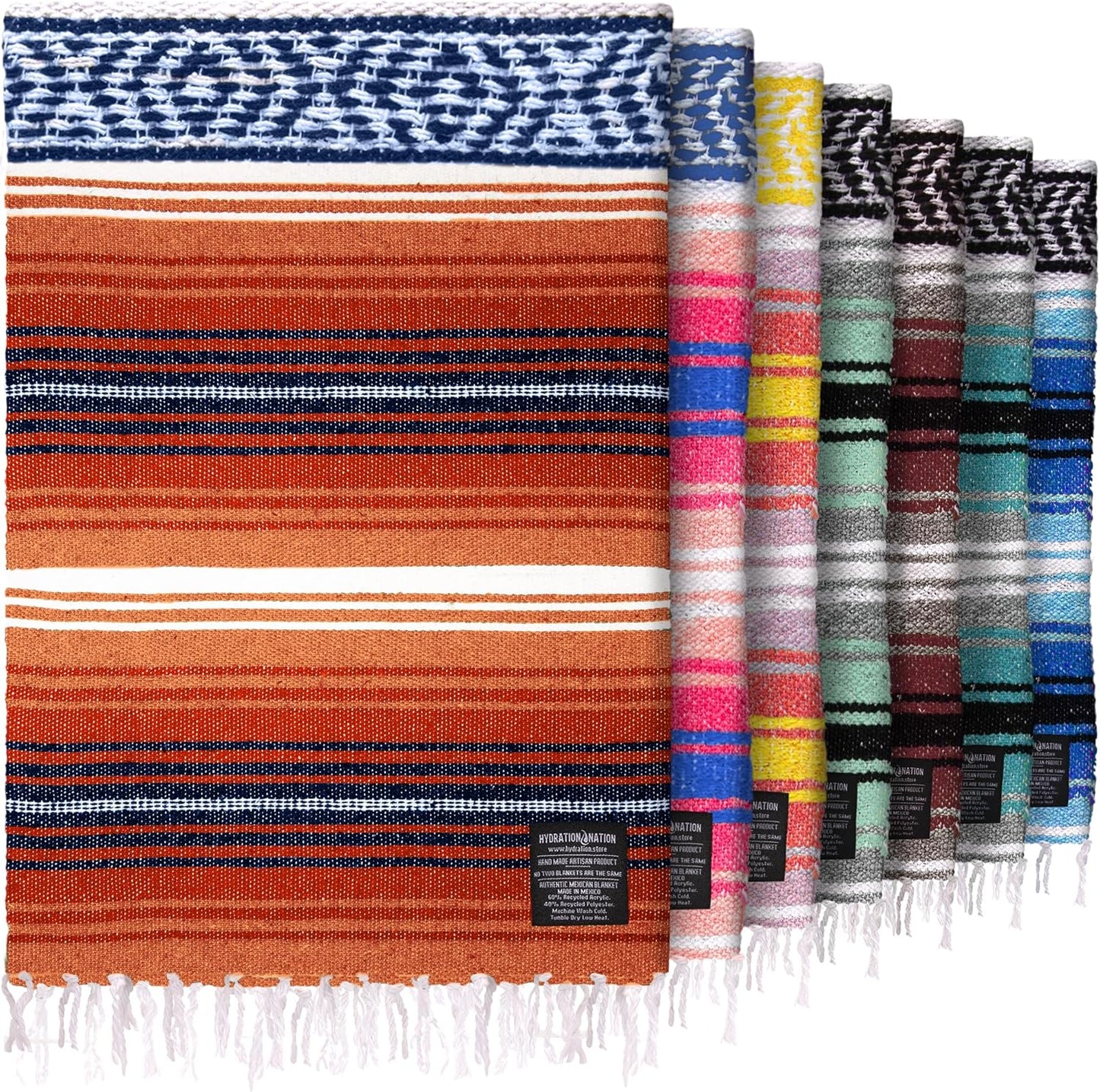 Hydration Nation Authentic Large Handwoven Mexican Blanket - Soft Yoga - Durable Serape - Lightweight Falsa, Beach, Camping, Picnic, Outdoor 70"x50" - Mandarin