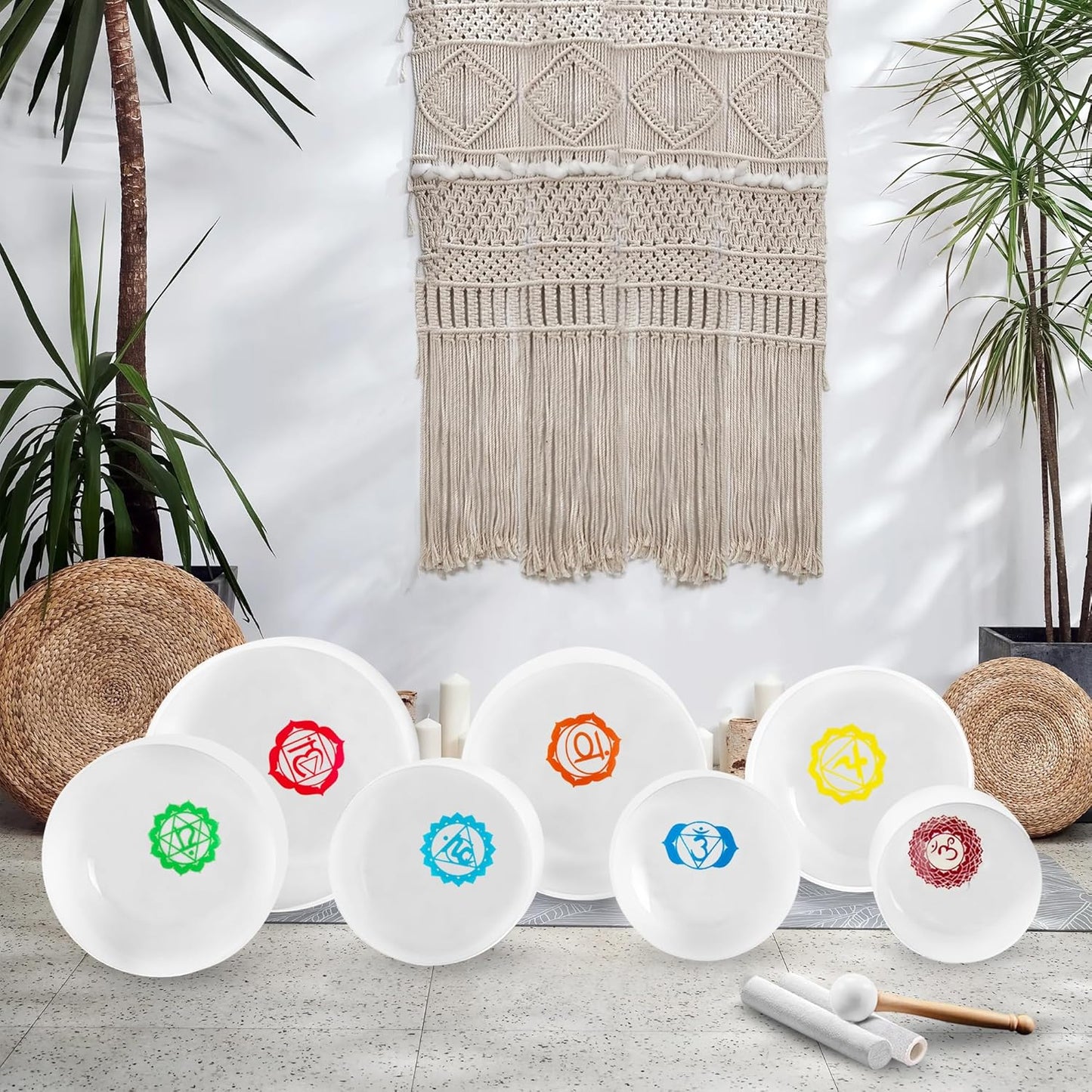 Ryan Dvan 432Hz 7"-12" Set of 7 Crystal Singing Bowl Set ¨C Gradient Color Quartz Bowls for Chakra Healing, Meditation, Sound Bath & Yoga.Sound Therapy Tools with Suede Mallets & O-Rings.