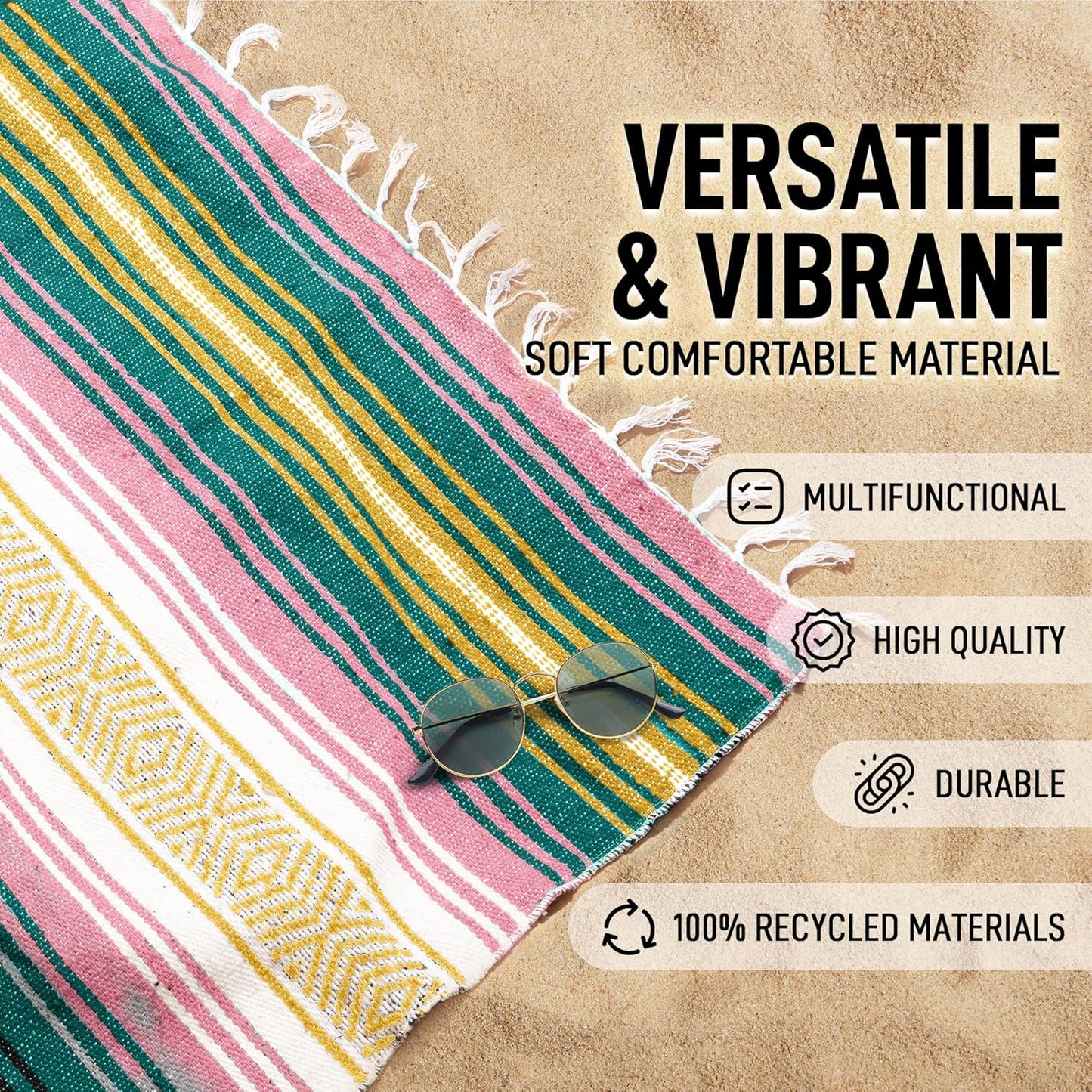 Hydration Nation Authentic Large Handwoven Mexican Blanket - Soft Yoga - Durable Serape - Lightweight Falsa, Beach, Camping, Picnic, Outdoor 70"x50" - Mandarin