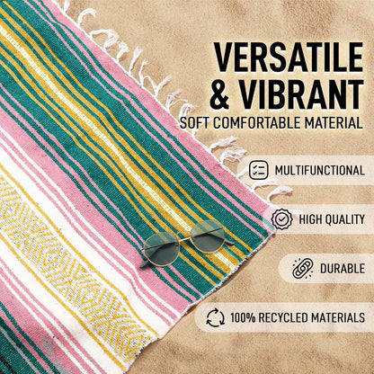 Hydration Nation Authentic Large Handwoven Mexican Blanket - Soft Yoga - Durable Serape - Lightweight Falsa, Beach, Camping, Picnic, Outdoor 70"x50" - Mandarin