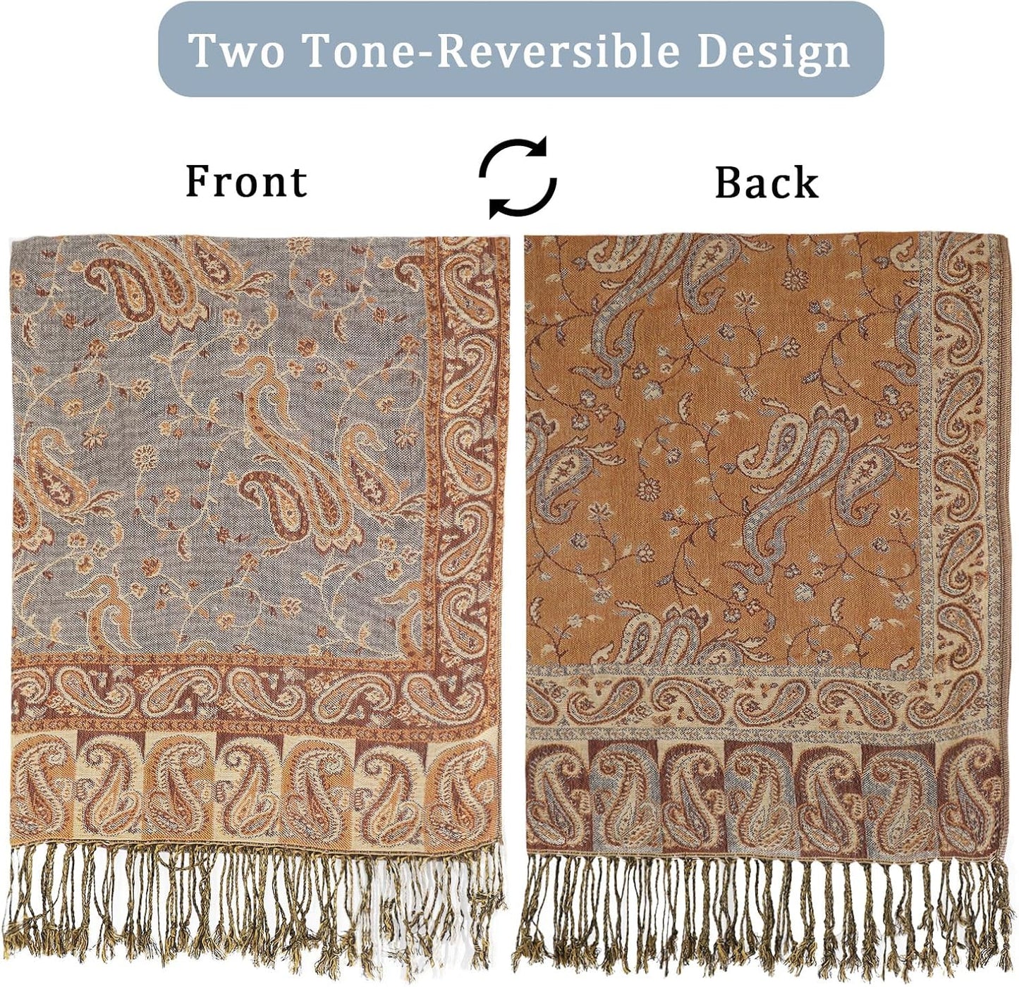 Ciormis Two Tone Silky Paisley Pashmina Shawl Scarf,Soft Women's Rave Jacquard Pashminas Wrap Scarves