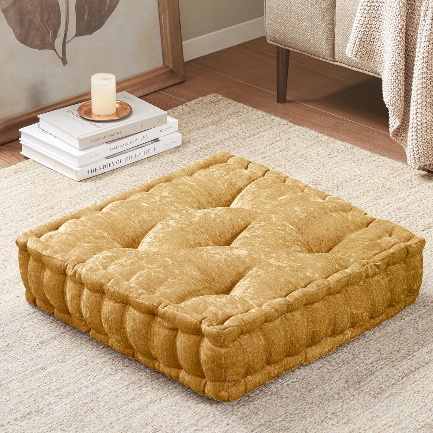 Intelligent Design Large Floor Pillow for Adults Yoga or Meditation Cushion with Handle, Floor Cushion for Board Games, Lustrous Chenille Tufted, Handsewn Scalloped Edge, Azza, 24" x 24" x 5" Yellow