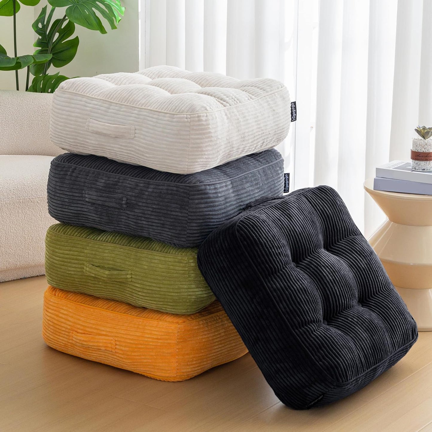 HIGOGOGO Floor Pillow Cushion for Adults, Meditation Cushion Pillow, Large Square Floor Sitting, Tufted Corduroy Cover, for Tatami Living Room or Yoga, 22x22 Inch, Dark Grey
