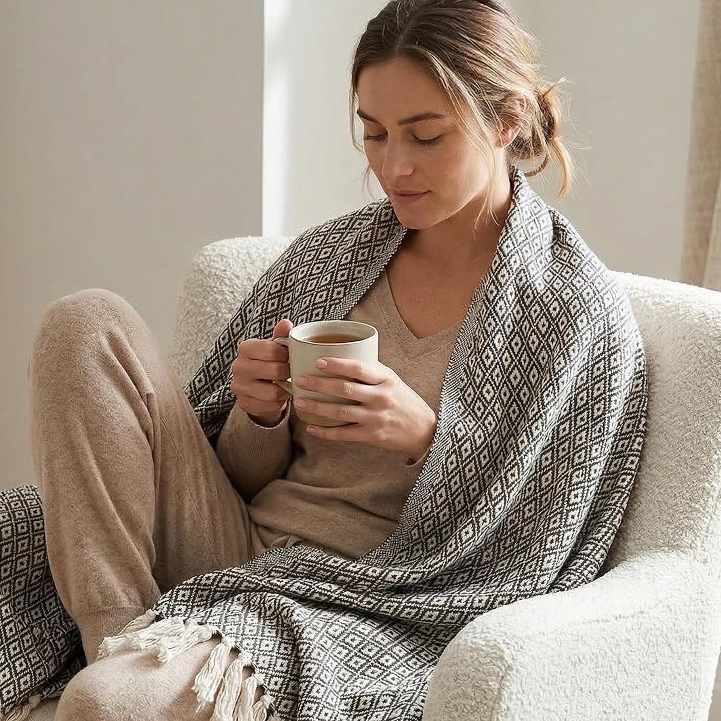 Americanflat 50x60 Throw Blanket - Soft and Breathable Cotton Throw Blanket for Couch, Bed, Chair - Decorative Blankets Perfect for Home or Outdoor Use - Navy Blue and White Double Diamond Design