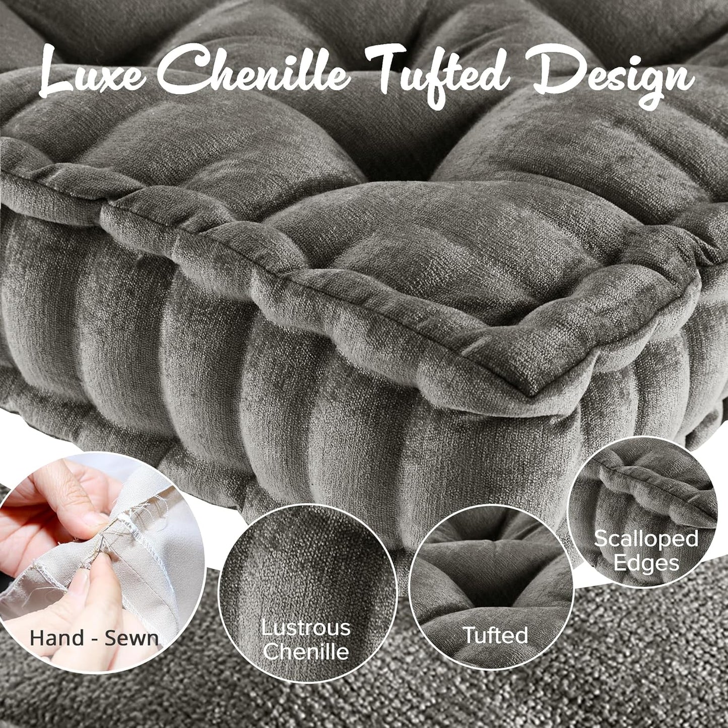 Intelligent Design Large Floor Pillow for Adults Yoga or Meditation Cushion with Handle, Floor Cushion for Board Games, Lustrous Chenille Tufted, Handsewn Scalloped Edge, Azza, 24" x 24" x 5" Yellow