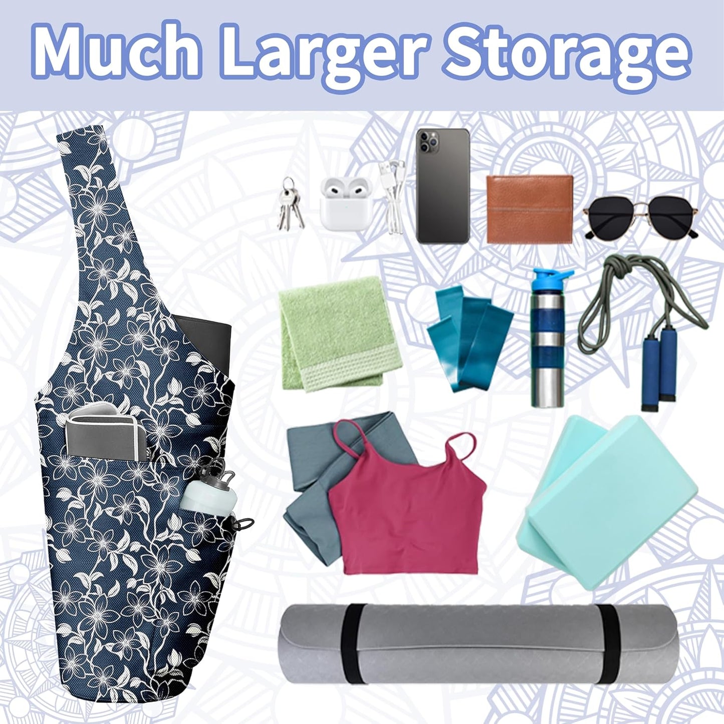 Yoga Bag for Women, Large Yoga Mat Bag Tote Carrier with Wet Dry Pocket, Water Bottle Holder & Adjustable Strap, Fits 1/2" Thick Yoga Mat for Gym, Pilates, Travel, Work