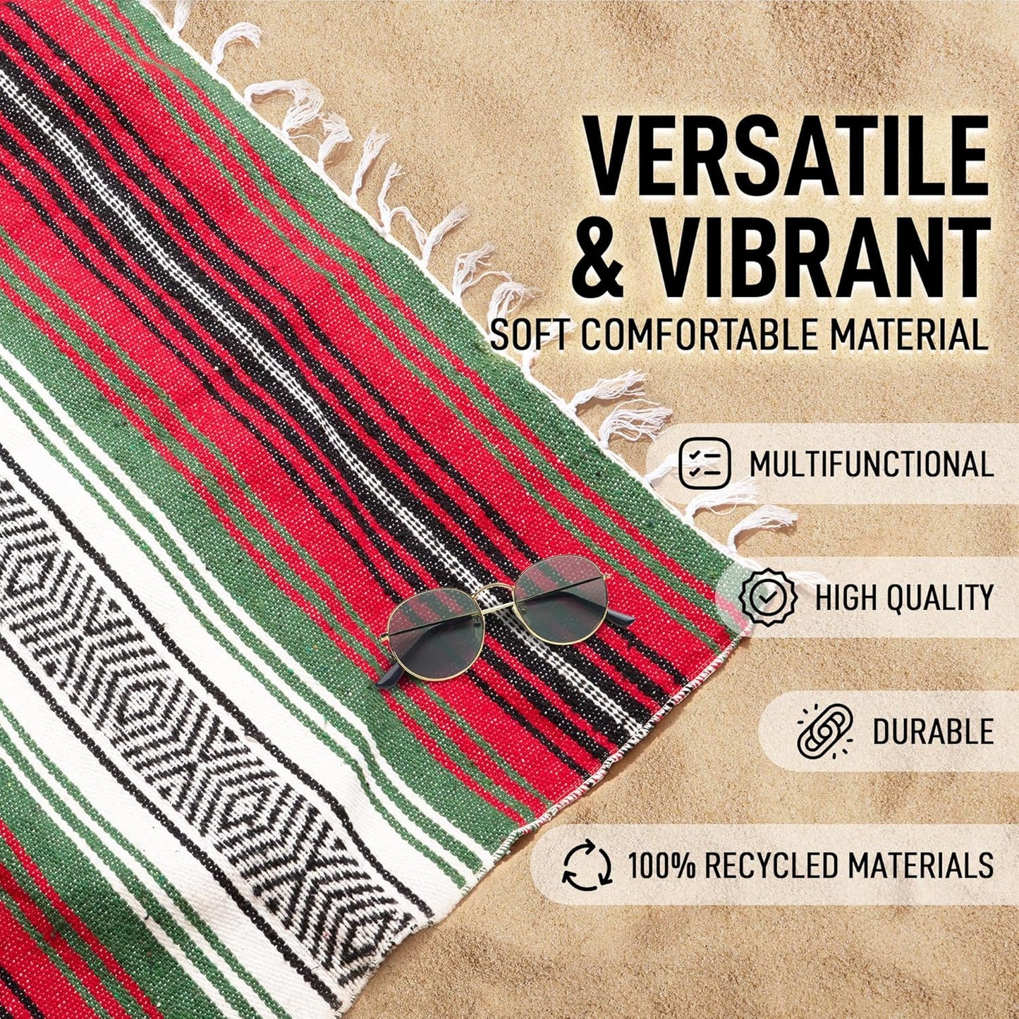 Hydration Nation Authentic Large Handwoven Mexican Blanket - Soft Yoga - Durable Serape - Lightweight Falsa, Beach, Camping, Picnic, Outdoor 70"x50" - Mandarin