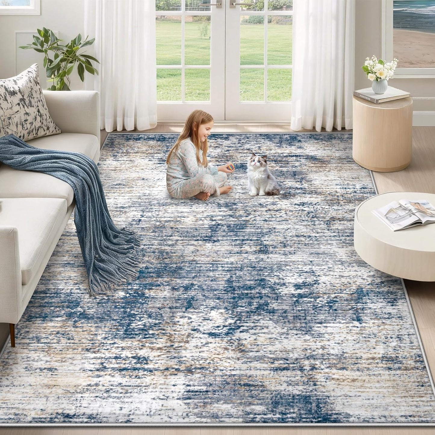 XLUEZ 8x10 Area Rugs for Living Room, Washable Modern Abstract Large Area Rug Neutral Soft Non Slip Kids Rug Stain Resistant Indoor Carpet for Bedroom Nursery Dining Children's Room(Blue, 8'x10')