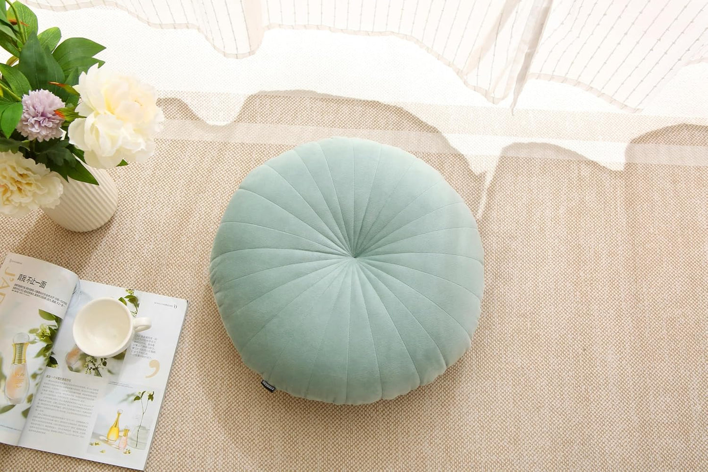 Floor Pillow Meditation Cushion Round Large Floor Pillows Seating for Adults, Velvet Thick Floor Cushions for Yoga Living Room Balcony Outdoor Tatami 18inches（Beige）