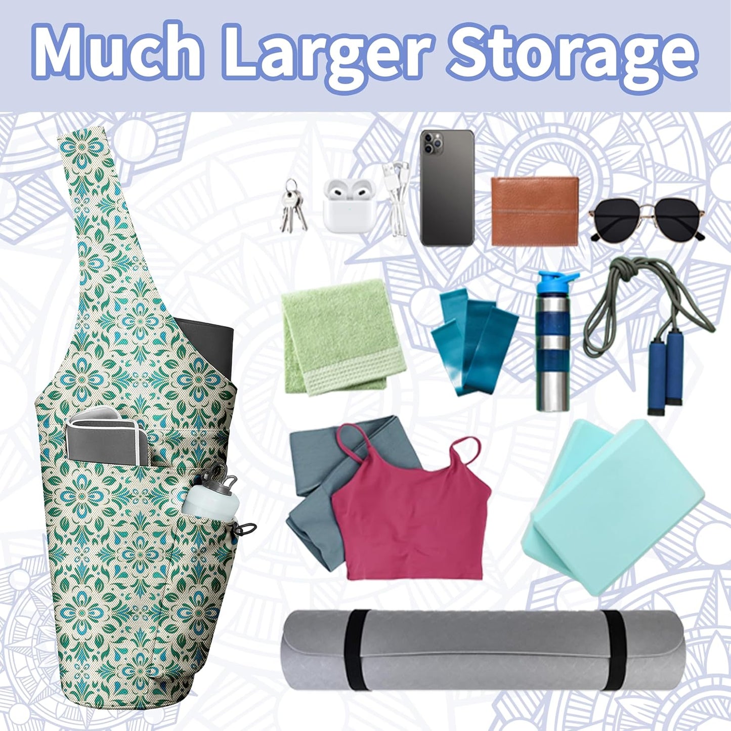 Yoga Bag for Women, Large Yoga Mat Bag Tote Carrier with Wet Dry Pocket, Water Bottle Holder & Adjustable Strap, Fits 1/2" Thick Yoga Mat for Gym, Pilates, Travel, Work