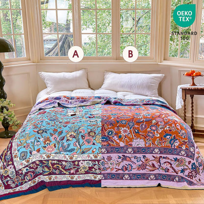 Boho Throw Blanket - 100% Cotton Soft Summer Throw Blanket for Bed, 50"x60" Reversible Breathable Lightweight Blankets, All Seasons Farmhouse Decor Floral Plant Butterfly Throw Quilt