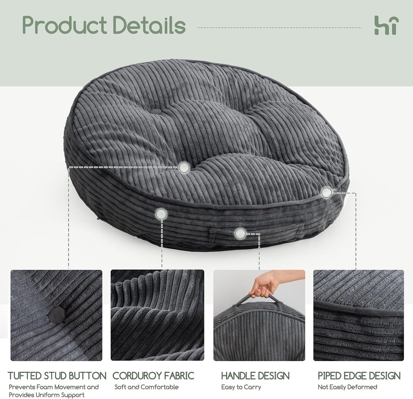 HIGOGOGO Floor Pillow Cushion for Adults, Meditation Cushion Pillow, Large Square Floor Sitting, Tufted Corduroy Cover, for Tatami Living Room or Yoga, 22x22 Inch, Dark Grey