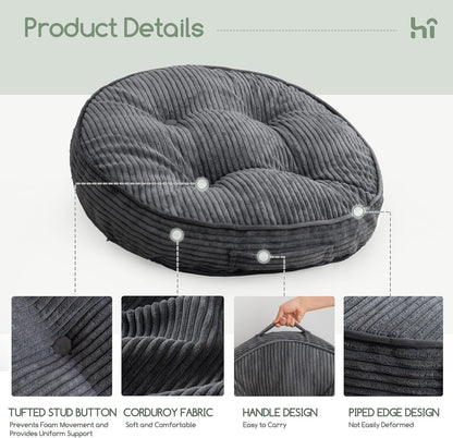 HIGOGOGO Floor Pillow Cushion for Adults, Meditation Cushion Pillow, Large Square Floor Sitting, Tufted Corduroy Cover, for Tatami Living Room or Yoga, 22x22 Inch, Dark Grey