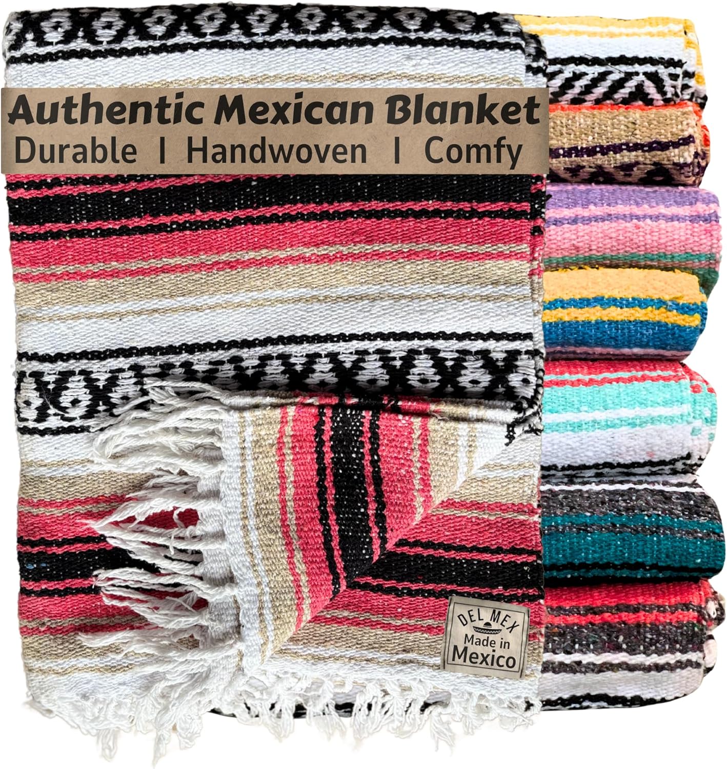 Del Mex Classic Mexican Blanket, Large Authentic Woven Falsa Throw (70"x50"), Artisan Southwest Décor for Beach, Yoga, Outdoors (Lavender)