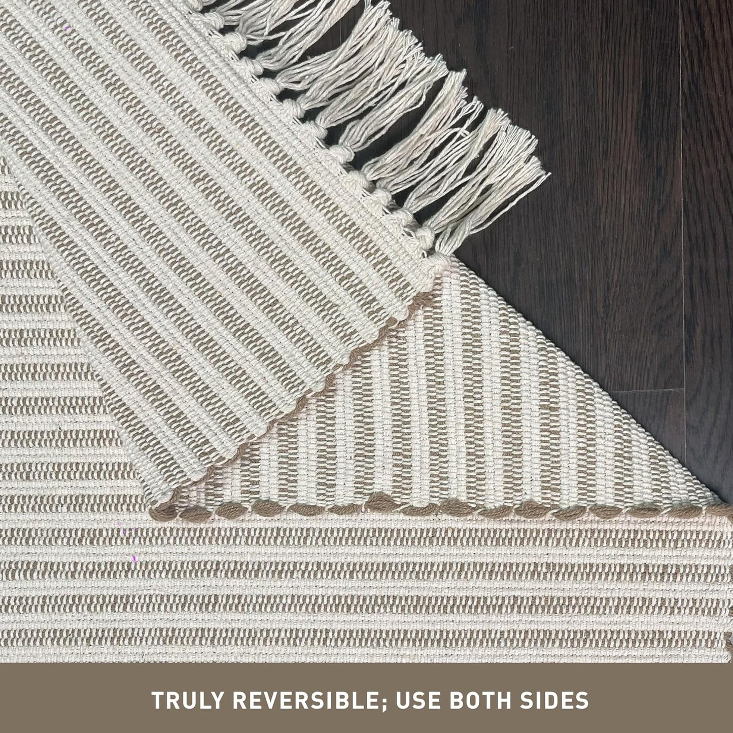 Chardin home Beige & Ivory Providence Runner 2.5x8 feet |Hand Woven Farmhouse Rug with Hand Knotted Fringes|Great in Kitchens entryways Hallways Bathrooms Meditation Yoga Mat|Reversible Cotton Rug