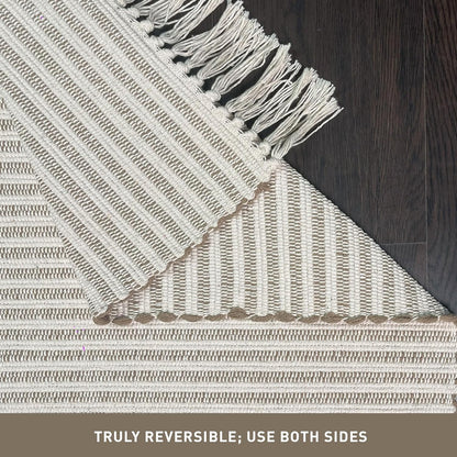 Chardin home Beige & Ivory Providence Runner 2.5x8 feet |Hand Woven Farmhouse Rug with Hand Knotted Fringes|Great in Kitchens entryways Hallways Bathrooms Meditation Yoga Mat|Reversible Cotton Rug