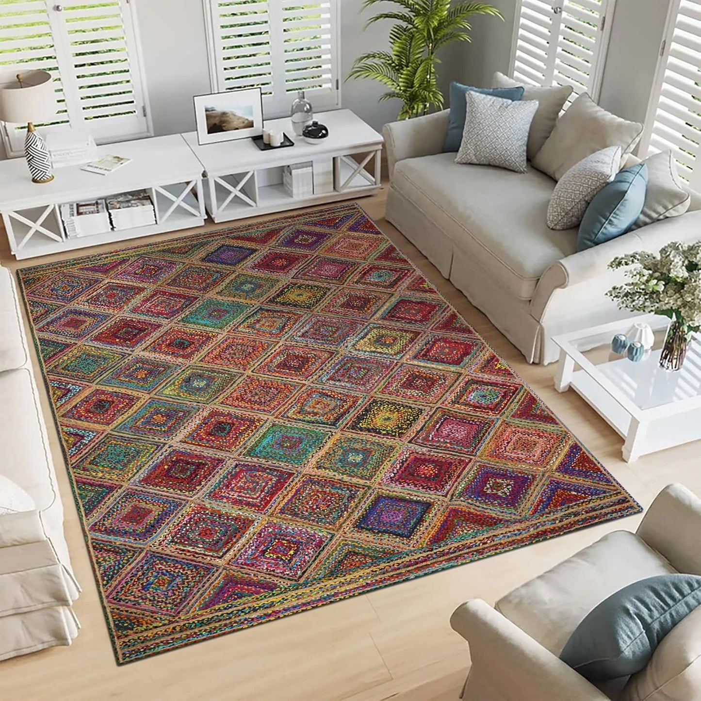 Kilim Rug 3' Round Area Rug Olive Beige White Braided Jute Carpet, Indoor Outdoor Flatweave Rug for Bedroom, Bedside, Kitchen, Beach & Terrace Yoga Mat - Colors A
