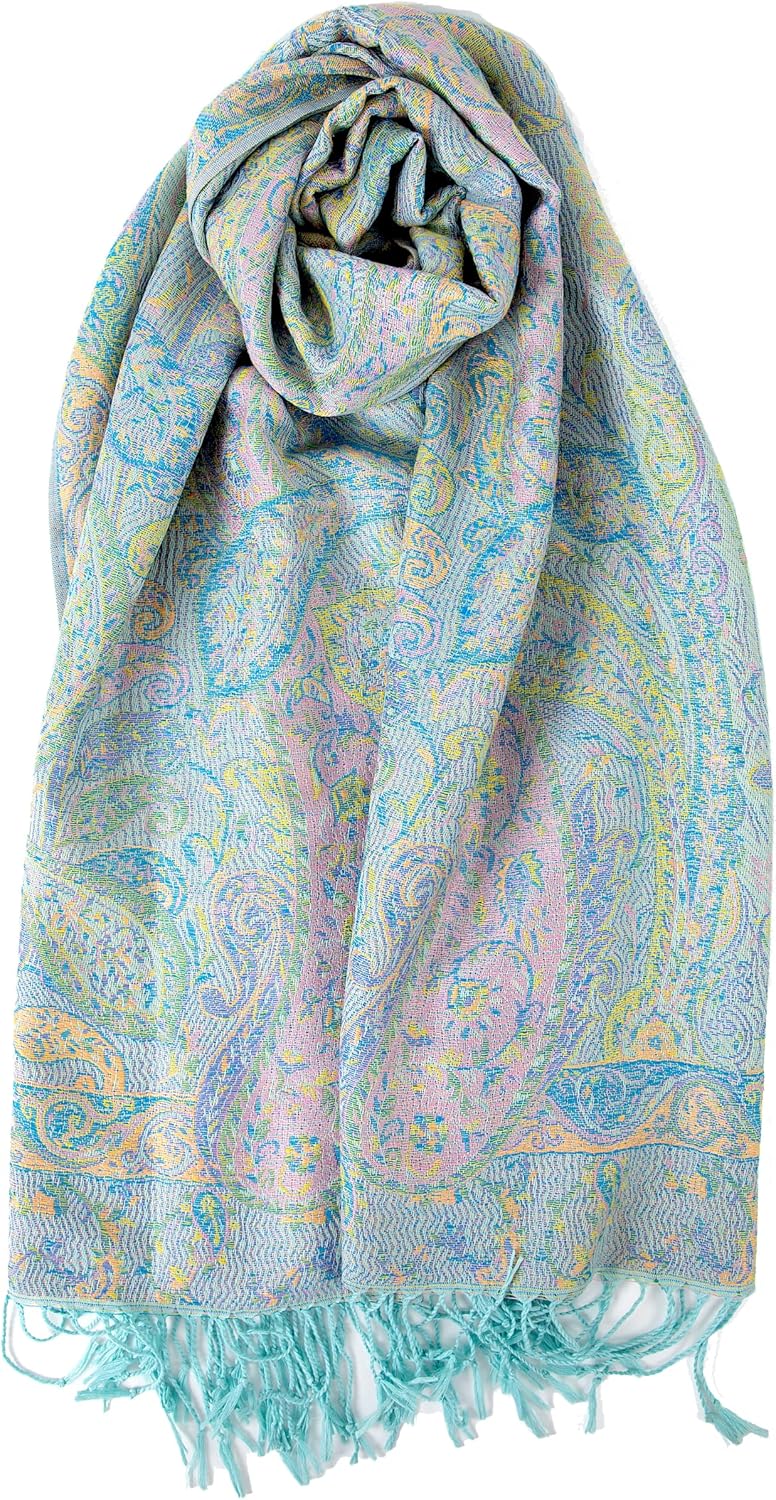 Achillea Reversible Paisley Pashmina Rave Scarf – Exotic Indian Shawls and Wraps for Evening Dresses, Festivals, All Seasons - Colors B