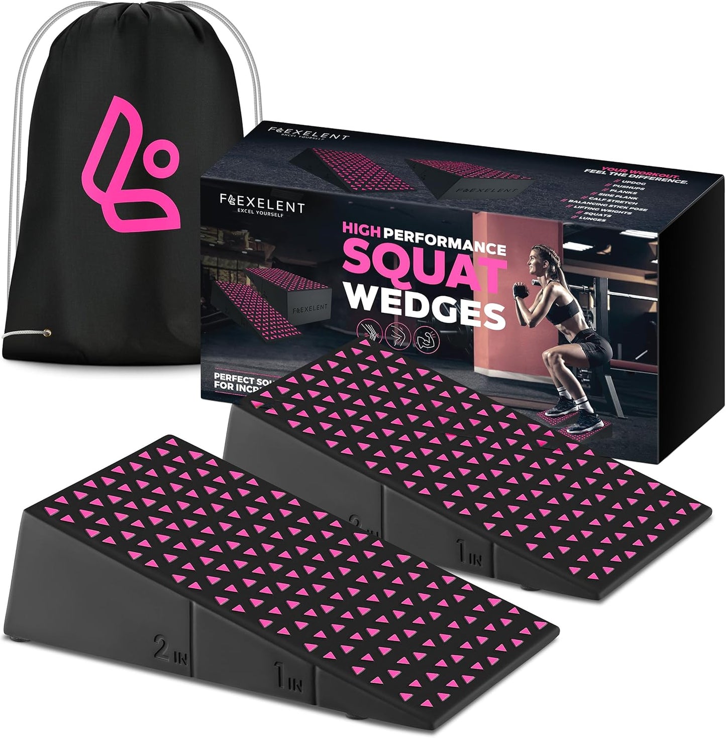 Flexelent Squat Wedge Block Pair - Heel Elevated Squat Wedge for Deeper Squats, Heavy Lifting and Better Form - 17° Angle Exercise Wedges, Slant Board for Squats with Carry Backpack