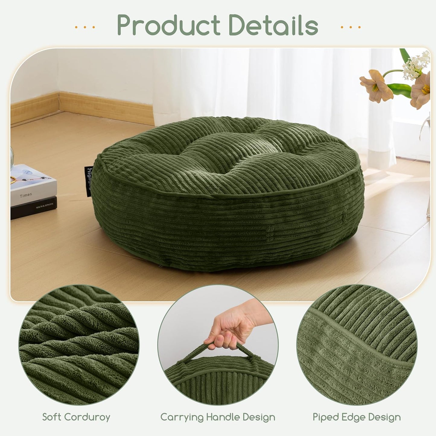 HIGOGOGO Floor Pillow Cushion for Adults, Meditation Cushion Pillow, Large Square Floor Sitting, Tufted Corduroy Cover, for Tatami Living Room or Yoga, 22x22 Inch, Dark Grey