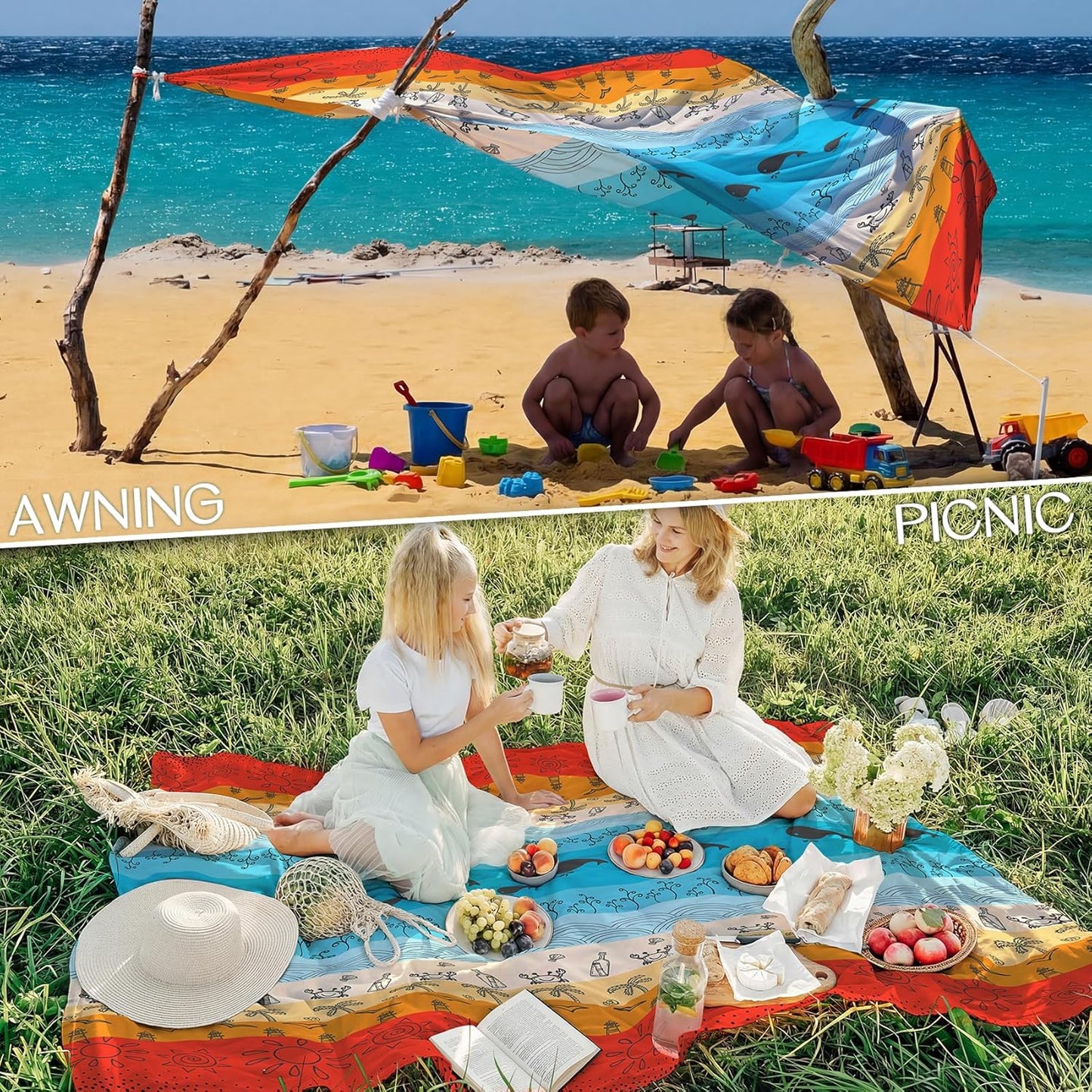 BYDOLL Beach Blanket Waterproof Sandproof Large Sand Free,78''X81''/10'X9' Oversized Sandless Lightweight Blanket Picnic Mat for Beach Travel Camping Hiking with Stakes