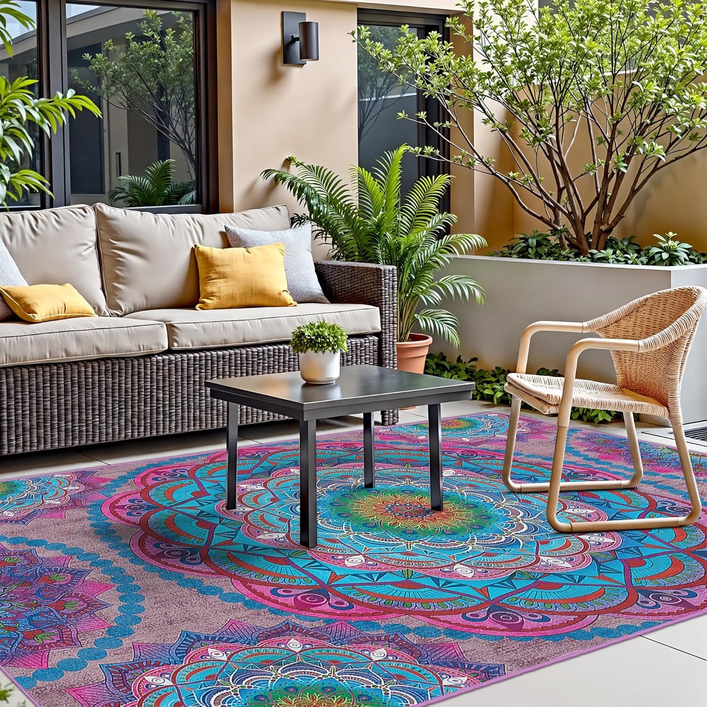 Arenarug Meditation Indoor Outdoor Rug 5x8 ft Mandala Pattern Rug Boho Style,Yoga Meditation Mat Picnic Rug for Patio Living Room Porch Garden Deck Backyard Easy to Clean Non Shedding Non-Slip