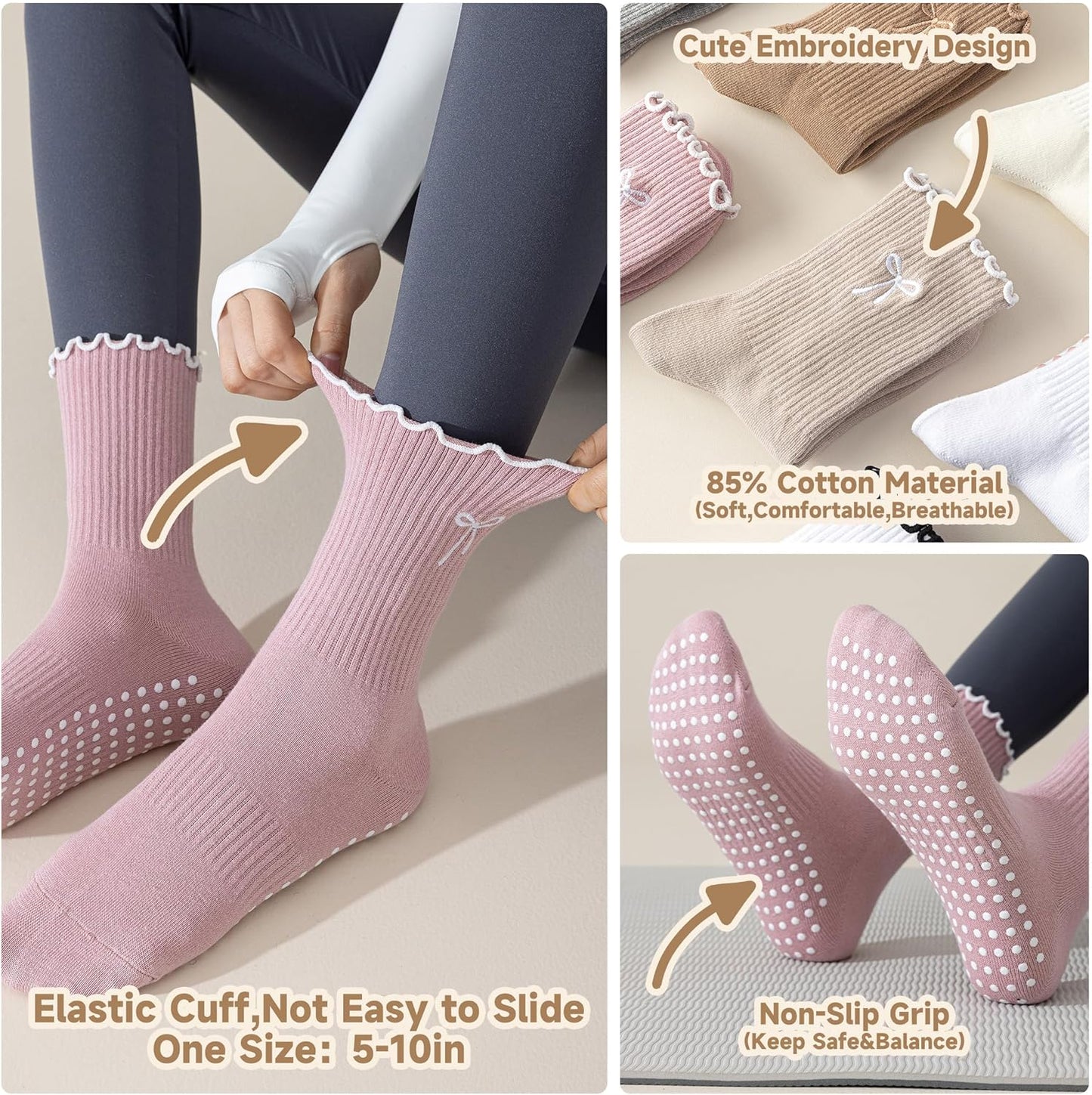 Grip Socks Pilates,4/6Pairs Cotton Cute Pilates Socks for Women, Ruffle Grippy Sock for Yoga Barre Hospital 5-10in